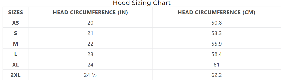 XCEL HOOD SIZE 24 0 Size Chart